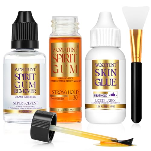 WOZUTUNT Spirit Gum Adhesive and Remover Kit with Bonus Liquid Latex - 15ml Professional Cosmetic Glue for Face Skin Body & SFX Makeup | Strong Hold for Bald Caps Prosthetics Cosplay Wig