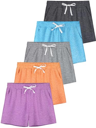 Image of QWE 5 Pack Girls Shorts Athletic Soccer Running Performance Active Dry-Fit Sports Basketball Shorts with Drawstring Pocket
