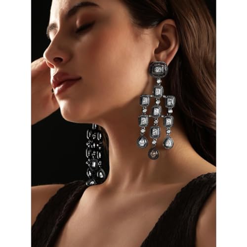 Image of Rubans 22K Gold-Plated /Rhodium-Plated Chandelier Earrings - Cubic Zirconia Studded Antique Traditional Chandelier Earrings for Womens & Girls