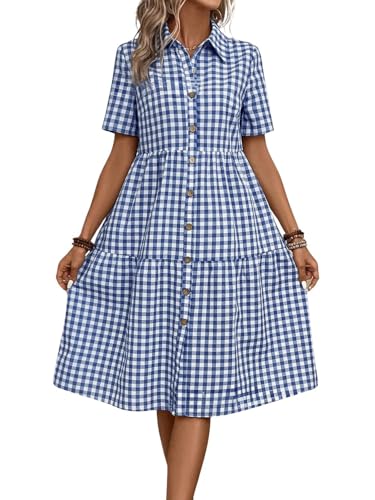 chouyatou Women's Plaid Short Sleeve Button Down Shirt Dress Retro Gingham Button Up Tunic Midi Long Dress (Large, Blue)
