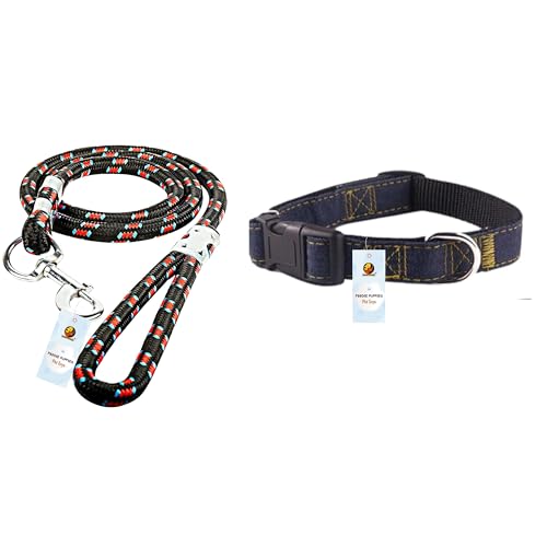 Image of Foodie Puppies Dog Leash and Collar Combo Set - (Nylon Leash + Denim Collar) | Handle Adjustable Heavy Duty for Training & Walking | for Small to Medium Dogs (Colour May Vary)