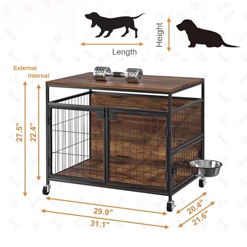 Hundekäfig, Hundeboxen aus Metall und Holz mit Rollen Matten for große Hunde, obere Ablage drehbarem Futternapfhalter-7