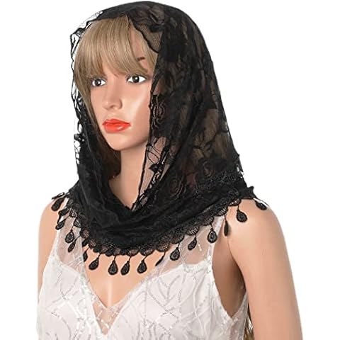 Ursumy Lace Mantilla Veil Triangle Lace Veil Catholic Church Veils Infinity Chapel Veil Tulle Scarf Head Covering Latin Mass (Black) Cover