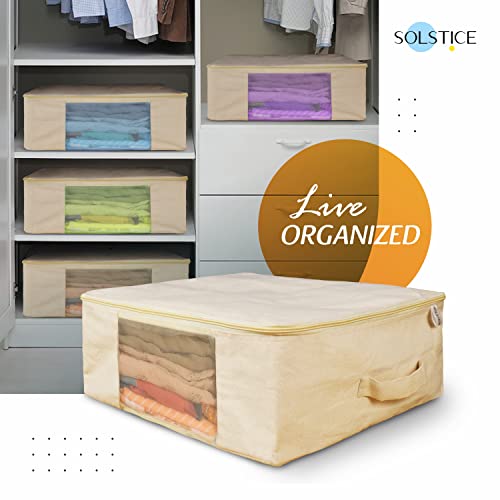 SOLSTICE Cotton Canvas Clothes Storage Bags, Saree Covers with Zip for Storage Specially Design for Woman Dresses, Sarees, Lehengas for Wardrobe Organizer (17 x 14 x 7 Inch, off white, Pack 0f 3)