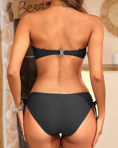 Women's Black Strapless Bandeau Bikini Set - Twist Front Two Piece Swimsuit Top with Side Tie Bathing Suit Bottom M - Image 5