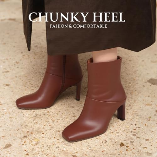 Uacllcau Ankle Boots for Women Square Toe High Heel Block Mid Calf Side Zipper Short Booties Gogo Fashion Fall Winter Boots4