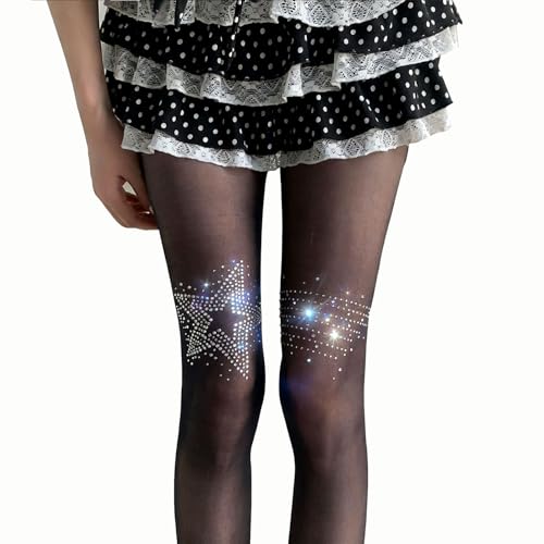 Image of Women's Sheer Tights with Rhinestone Star Pattern, Sparkle Fashion High Waist Hosiery Stockings Party Pantyhose