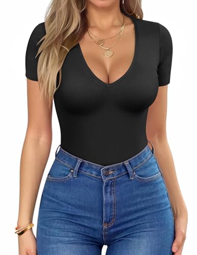 HOTOUCH Womens Deep V T-Shirt Summer Short Sleeve Slim Fitted Basic Casual Tee XL Black