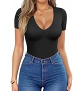 HOTOUCH Deep V Neck Tops for Women Sexy Low Cut Summer Ribbed Knit T Shirts Slim Fit Stretchy Bas...