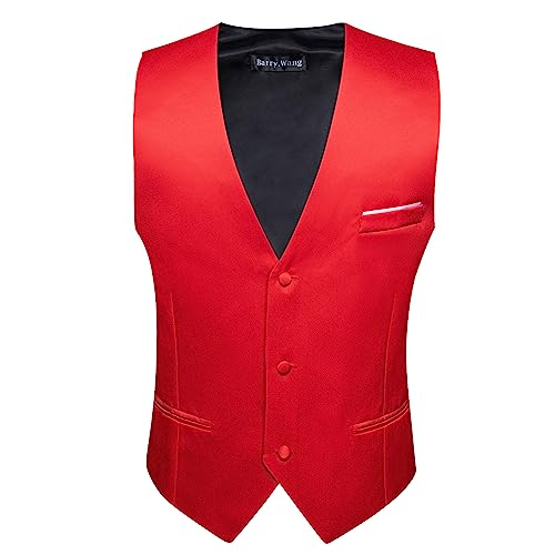 Image of Barry.Wang Vest for Men Business /Leisure Dress Suit Vests V-neck 2 Pockets Wedding Party Tuxedo Satin Waistcoat