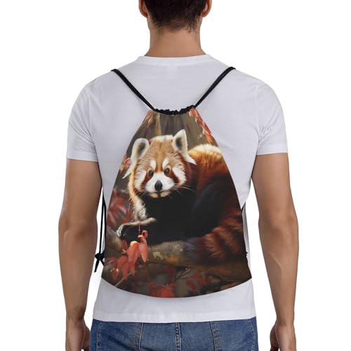Red Panda Print Drawstring Bag Backpack Waterproof String Bag Sackpack For Gym Sport, Medium, Black2