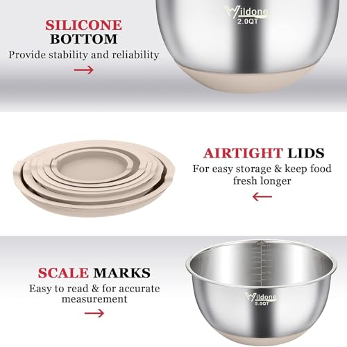 Wildone Mixing Bowls with Airtight Lids, 22 PCS Stainless Steel Nesting Bowls, with 3 Grater Attachments, Scale Marks & Non-Slip Bottom, Size 5, 4, 3, 2,1.5, 0.63QT, Ideal for Mixing & Prepping