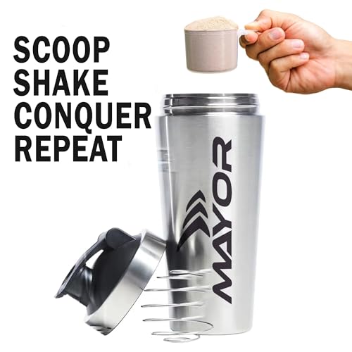 Image of Mayor 750ml Stainless Steel Gym Protein Shaker Bottle with Mixing Ball | BPA Free & Leak Proof (Silver)
