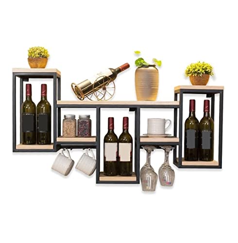 Soporte para botellas de vino de madera y hierro colgado en pared