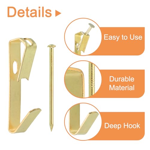 Image of uxcell 30Pcs Photo Frames Hanger Hooks, 50 Lb Frame Hooks with Nails Metal Wall Mount Album Picture Hanging Clips for Hanging, Clocks on The Wall, Gold