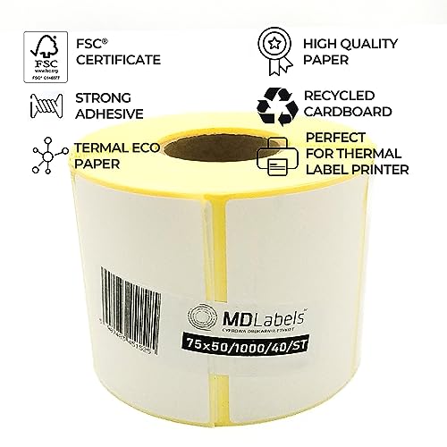 MD Labels Weiße Thermoetiketten auf Rolle 75 × 50 mm – 1.000 Stück, permanent haftend, selbstklebende Barcode-Etiketten zur Beschriftung