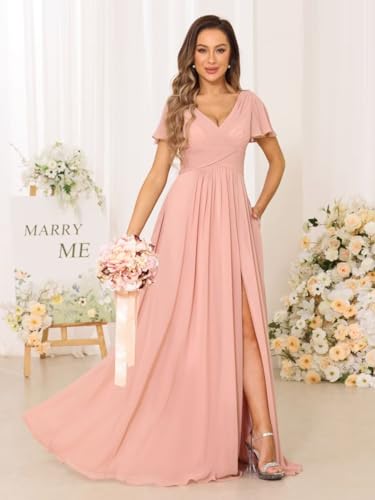YMSHA V Neck Bridesmaid Dresses for Teens Pleated Side Slit Formal Dress with Pockets YMS1433