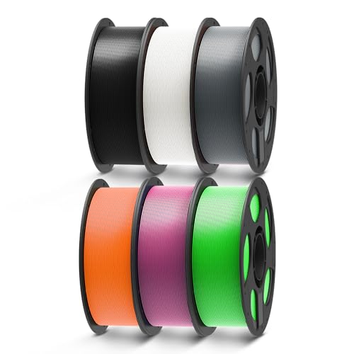 ANYCUBIC PLA Filament 1.75mm, 3D Printer Filament, Dimensional Accuracy +/- 0.02mm, 6 Pack 1KG Reusable Spool, Black + White + Texture Grey + Orange + Magenta + Green Flash 6kg 6*1kg pla（Bla