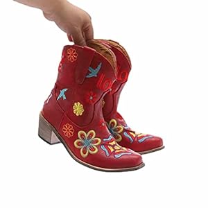 OMEARK Dames Bloemen Korte Laarzen, Winter Retro Borduurwerk Cowboy Laarzen Dames Brede Kalf Snip Toe Romeinse Laarzen, Mode Vierkante Teen Faux PU Lage Hak Western Enkellaarzen