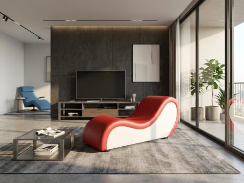Image of SOUL CRAFT Sheesham Wood Leatherate Tantric Loung Chair, Yoga Chaise Lounge,Chaise Sofa Modern Lounge,Relaxing Chaise Lounge Chair, loveseats with Cushion (RED and White)