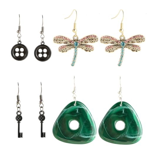 4 Pairs Caroline Earrings Costume Accessories Set Include Button Dragonfly Key and Seeing Stone Horror Movie Caroline Drop Dangle Jewelry Halloween Gifts for Women Fans Cosplay