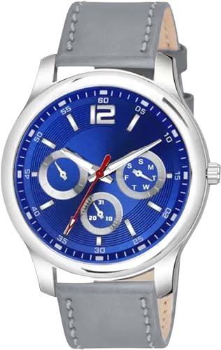 PAPIO Blue Dial Grey Color Leather Band Analog Watch for Boys and Men (MN-144 Blue Grey)