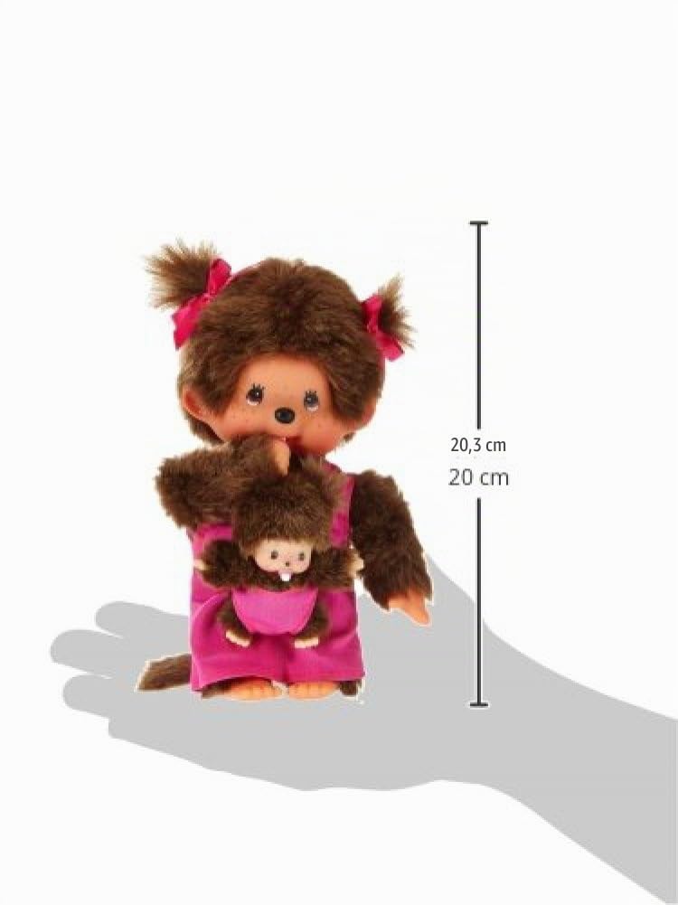 Sekiguchi 236200 - Original Monchhichi mère avec bébé, en Peluche Marron, avec Robe Rose et Noeud dans Les Cheveux, env. 20 cm