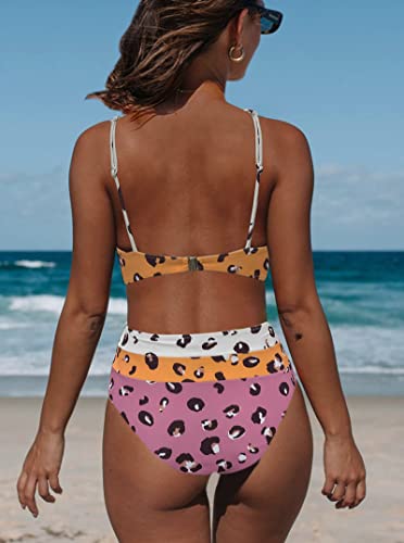 Image of Hilinker Women's Leopard Bikini Swimsuits V Neck High Waisted 2 Piece Bathing Suits