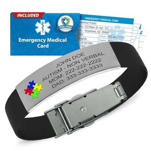 Universal Medical Data Autism Medical ID Bracelet for Kids Custom Laser Engraved ID Silicone Band & Stainless Steel Plate - Medic Alert Bracelet with Emergency Card & Health Record Access - Black