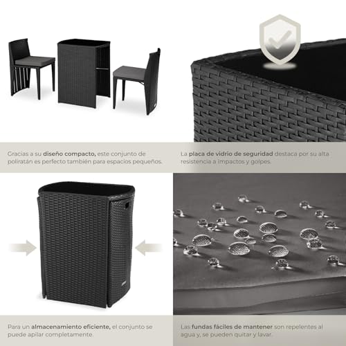 tectake® Conjunto Jardín Exterior de Ratán y Acero, Muebles Jardín Exterior Resistente a la Intemperie, 2 Sillas con Cojines, Mesa Cristal, Agrupable, Fácil Montaje y Limpieza - Negro - imagen 5