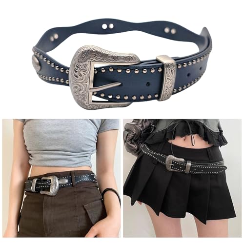 Girls PU Belt Motorcycle Relief Floral Buckle Waist Belt Fashion Enthusiasts Belt Coat Dress Female Decorative Waistband, As the Pic Show, Length and width about 105*3.2cm2