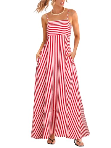 Image of CUPSHE Womens Summer Maxi Dress Casual Sleeveless Square Neck Striped Beach Long Dress with Pockets