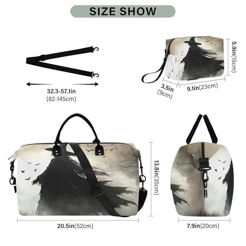 Travel Duffel Bag Gothic Witch Crow, Gym Bags with Multiple Interior Pockets for Men Women Toiletry Purse Included 20.5”x 1.9” x 13.8”3