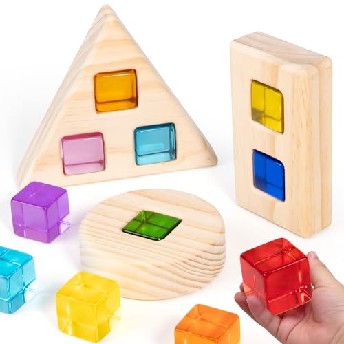 Image of Woodtoe Large Rainbow Gem Blocks, 16 PCS Stacking Blocks for Toddlers 1-3 | Includes 3 Wooden Shapes, Montessori Sensory Toy, Creative Acrylic Blocks, No Choking Hazard, Birthday Gift for 1 2 3 Years
