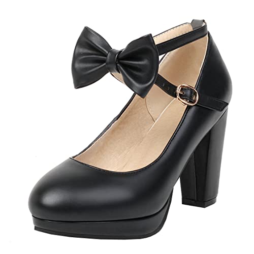 BEAUPAS Women's High Heel Mary Jane Platform Block Heel Ankle Strap Chunky Pumps Round Toe Bows Shoes
