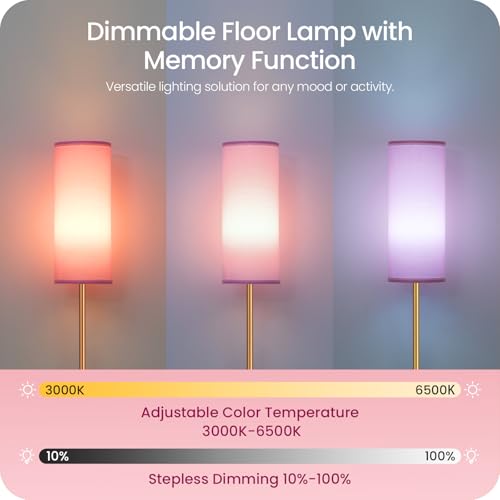 Image of Dimmable Pink Floor Lamp for Living Room with Remote and Foot Switch, Corner Floor Lamp, 64.4'' Standing Tall Lamp, 10W 900LM Bulb Included, 3000K-6500K, Linen Shade, Gold Pink, FCC Listed DP06LD05W1
