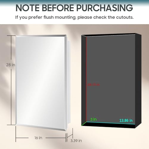 Image of 16x28 Plastic Medicine Cabinet with Mirror, Recessed or Surface Mount
