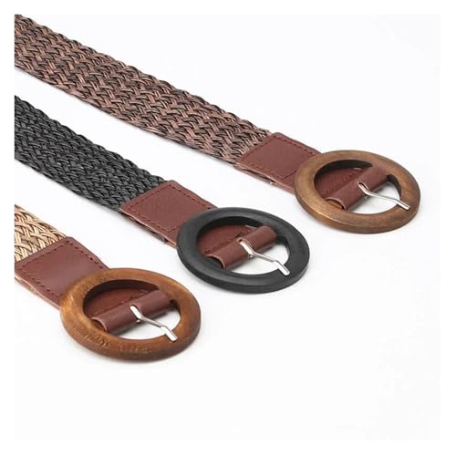 Braided Waist Belt Black Coffee Female Vintage Round Wooden Smooth Buckle for Skirts, High-Waisted Pants4