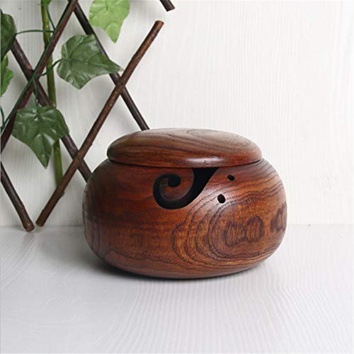 Image of Joyeee 1 Pcs Wooden Yarn Bowl with Lid, Crafted Wooden Weaving Thread Bow with Carved Holes, Premium Knitting Storage Accessories & Supplies, Handcrafted Round Yarn Ball Bowl Brown Box, 16 CM #02
