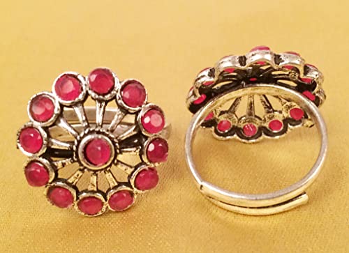Sunsoul By Touchstone Indian Bollywood Beautiful Handcrafted Floral Workmanship Faux Ruby Ethnic Wearing Designer Jewelry Adjustable Toe Rings In Oxidized Silver Tone For Women. #TOP2
