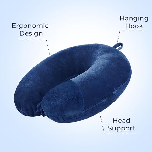 Image of U- Shaped Neck Pillow Soft Fiber Filled Travel Cushion with Snap Button, Comfortable Fabric, Neck Support for Flight, Bus, Car, Neck Pillow for Pain Relief (Navy Blue Combo)