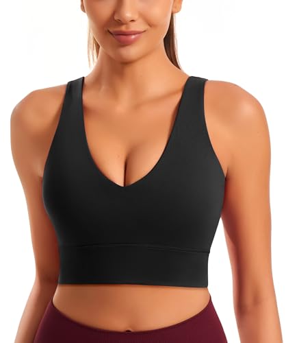 Smooth Sports Bras for Women Longline Workout Crop Tops Deep V-Neck Padded Yoga Bra Basic Wireless Bra