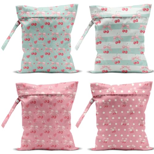 Image of VBCVBGFH 4 Pack Cute Bow Cherry Wet Bag Waterproof Washable Reusable Wet Dry Bag for Swimsuit Dirty Clothes Soiled Items Cloth Diaper Travel Beach Pool Yoga Gym Toiletries Travel Beach Essentials