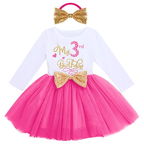 Baby Girl Flower Dress Infant Wedding Bridesmaid Birthday Party Pageant Tutu Tulle Communion Princess Formal Prom Cotton Dresses Swing Flowy Tutu Ball Gown for 6-24M Hot Pink-My 3rd Birthday 3T