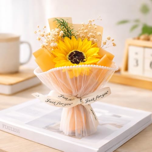 Image of Mini Artificial Sunflower Bouquet with Ribbon | Small Handheld Flower Gift | Cute Desk Decor | Romantic Pocket Size Floral Arrangement for Gift (Yellow)