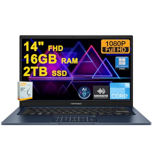 Image of ASUS VivoBook 14 Business Laptop | 14" FHD Anti-Glare | Intel 6-core i3-1215U | 16GB RAM 2TB SSD | Type-C Privacy Camera SonicMaster AI Noise Canceling Fast Charge Win11Pro w/DLCA Accesssory