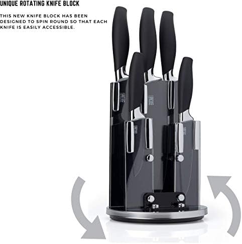 5pc Kitchen Knife Block Set - Brooklyn Range by Taylors Eye Witness. Chrome Coloured Bolsters, Finely Ground Razor Sharp Stainless Steel Blades. Soft Grip Handles. Set in Matching Rotating Holder.