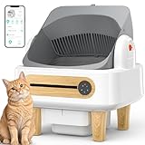 RPZ Automatic Cat Litter Box Self Cleaning, Robot Litter Box for Multiple Large Cats, Open Top Auto App Control Ultra-Quiet, Durable, Keep Home Freshness, Wood Grain