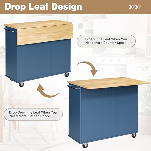 Shintenchi Kitchen Island with Folding Drop Leaf, Rolling Island Table with Storage, Kitchen Cabinet on Wheels with Seating Area for Kitchen, Bar Cart with Cabinet, Blue