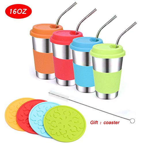 Stainless Steel Kids Cups with Lids and Straws,16oz Metal Kids Straws Cups